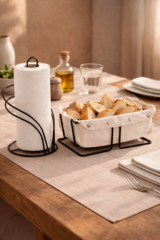 Set of 2 Black Rectangular Bread Basket, Swan Napkin Holder Kitchen Set
