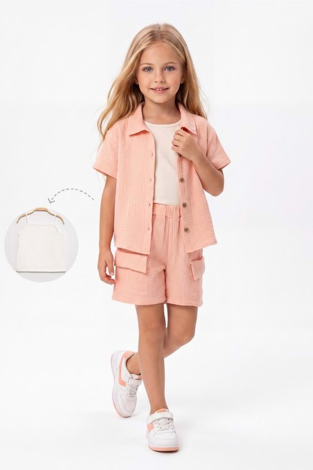 Girl's 3-Piece Cotton Muslin Comfortable Set M00837 Salmon