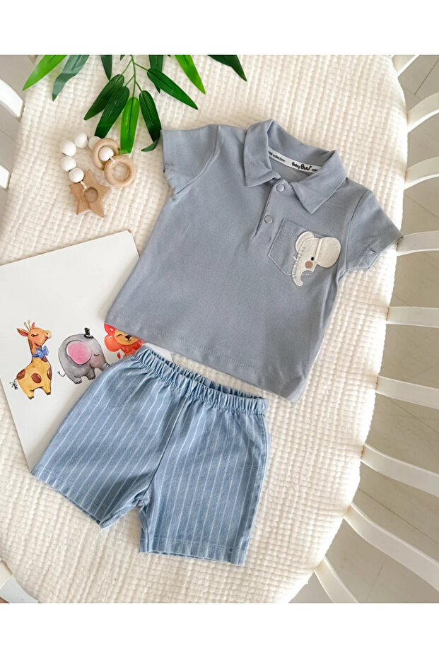 Summer 2-Piece Baby Boy Set with Felt Elephant Emblem and Knitted Denim Shorts