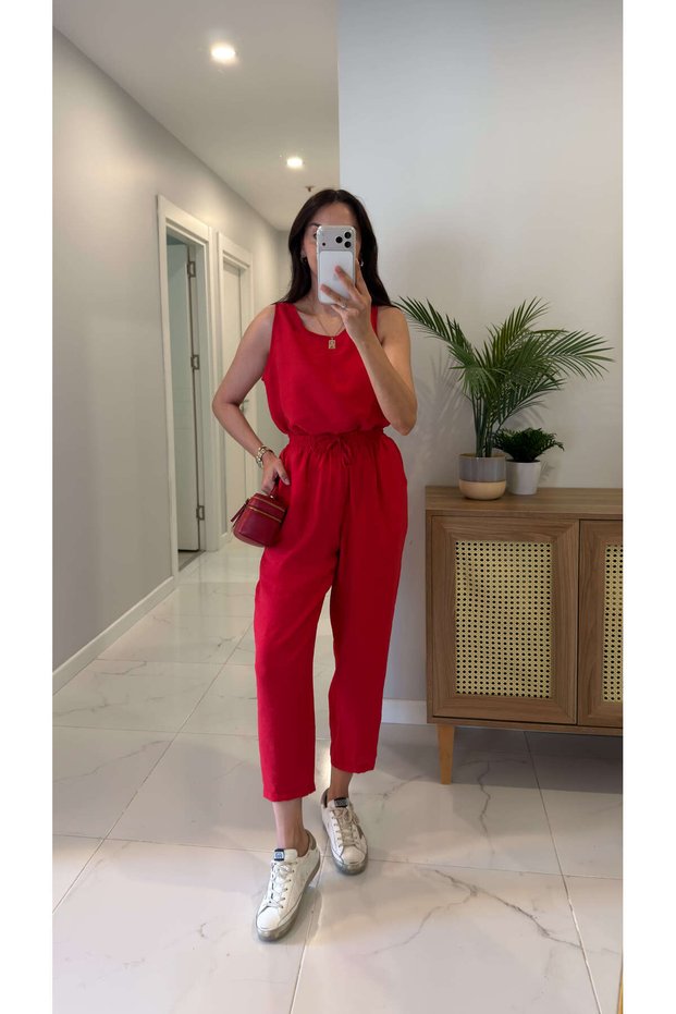 Mone Red Tencel Sleeveless Blouse Pants Set