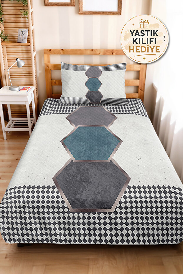 Blue Geometric Modern Young Room Single Pique Set - Gray Quilted 160X220 cm Bedspread