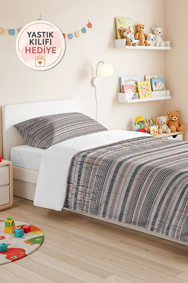 Gray Geometric Modern Young Room Single Pique Set-Beige Striped 160X220 cm Quilted Bedspread