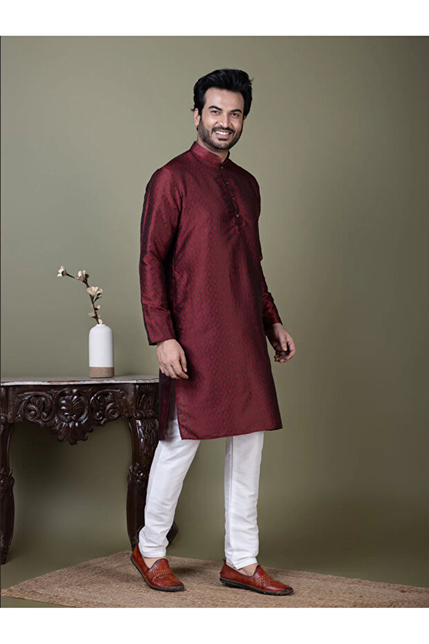 Mens Self Design Cotton Silk Kurta Set