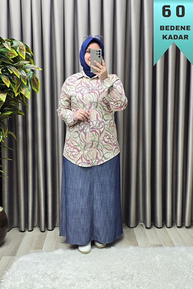 Women's Clothing Plus Size Buttoned Elastic Sleeve Seersucker Shirt