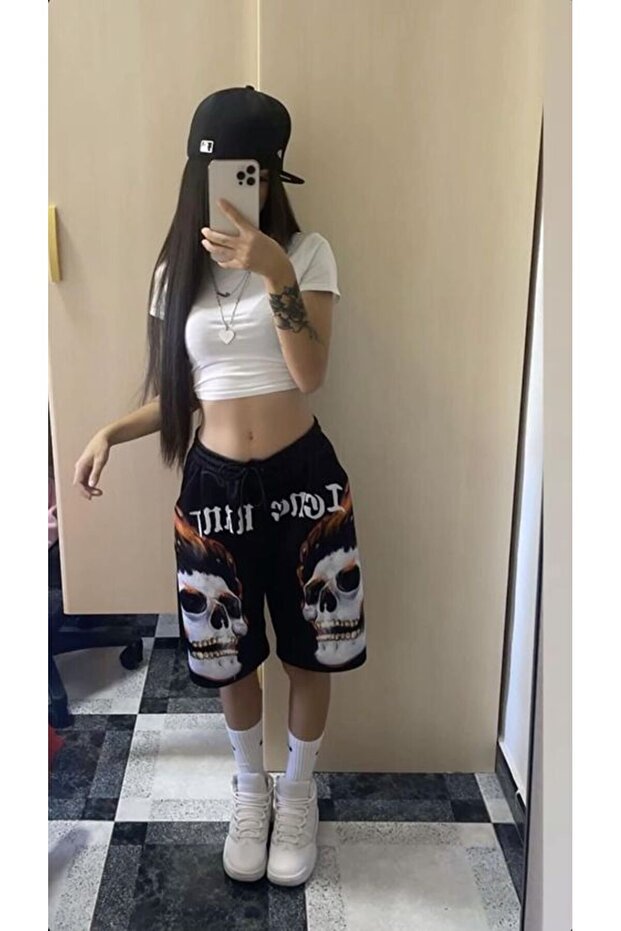 Printed Black Oversize Shorts - 1