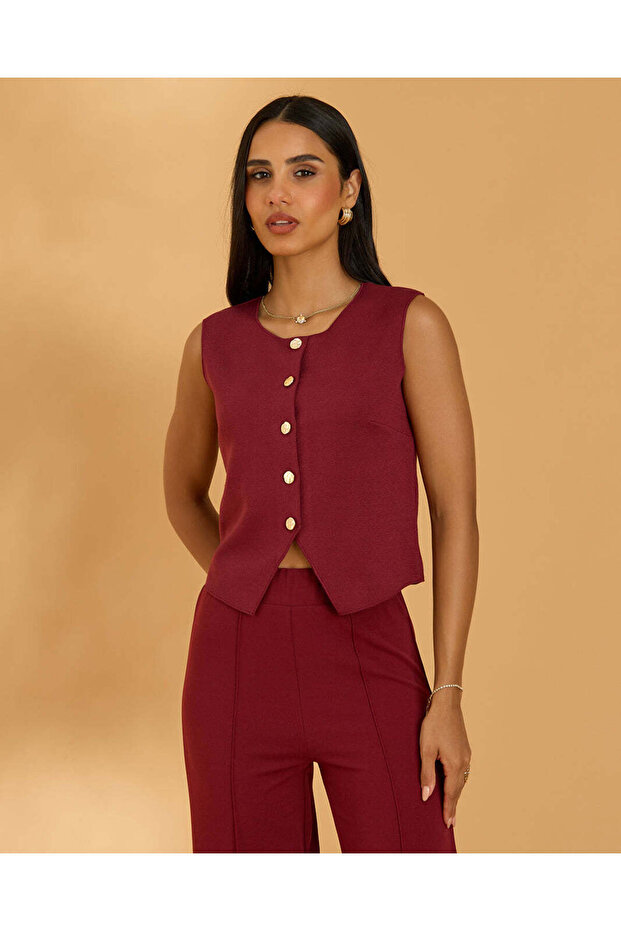 Women Burgundy threadbare ribbed knitted waistcoat with Gold Buttons