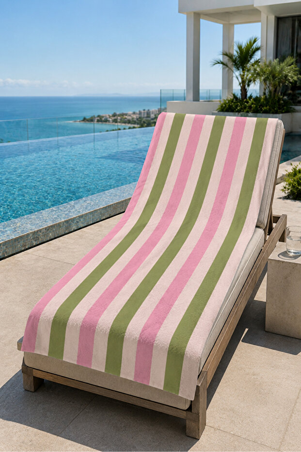 Pink Green Vertical Stripe Patterned 70X150 Beach Towel, Suitable for Summer Seaside and Pool Use