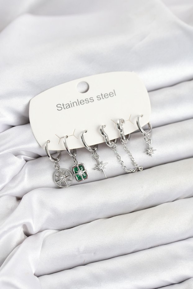 Silver Color Zircon Stone Chain and Pole Star Detail Women's Earring Set - Ebj260701W44177