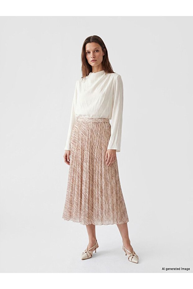 تنورة LCW Modest بيج مطوية ومزخرفة بخصر مطاطي