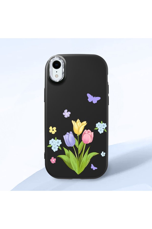 iPhone Xr Compatible Case Camera Protector Black Silicone Couple Phone Case with Floral Pattern