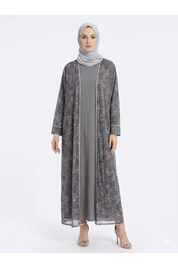 Rizqé Silver Grey Flora Sheer Kimono Elegant Abaya | Modest Wear