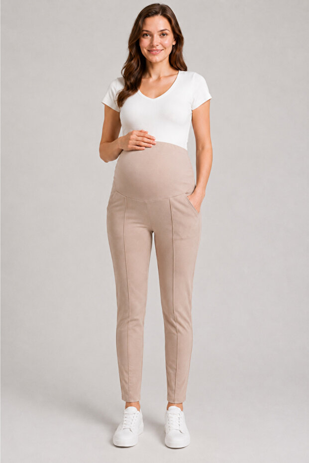 390 Beige Color Modal Adjustable High Waist Maternity Pants