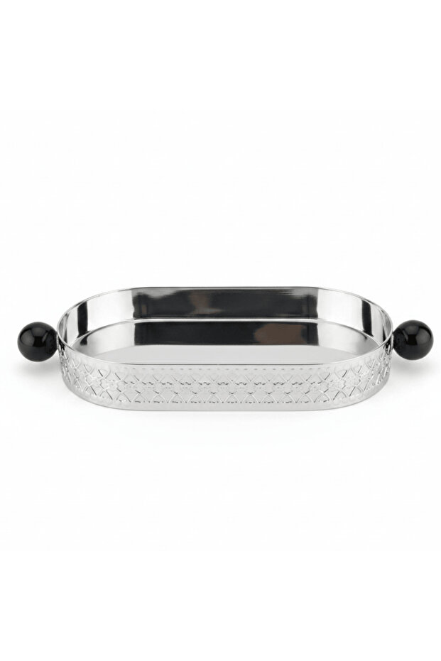 Silver Metal Oval Candy & Sweets Tray with Elegant Black Handles | Decorative Lattice Design | 20×10 cm