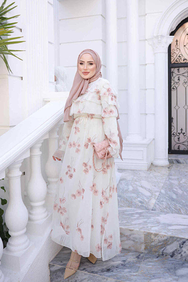 Powder Color Sleeve Collar Ruffled Patterned Dress