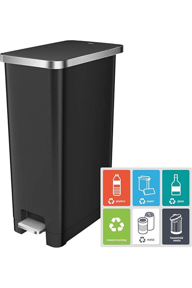Hana Slim 30L Kitchen Bin, Pedal Rubbish Bin with Soft Close and Stay-Open Lid, Space Saving Recycling Waste Bin for Home or Office, Black