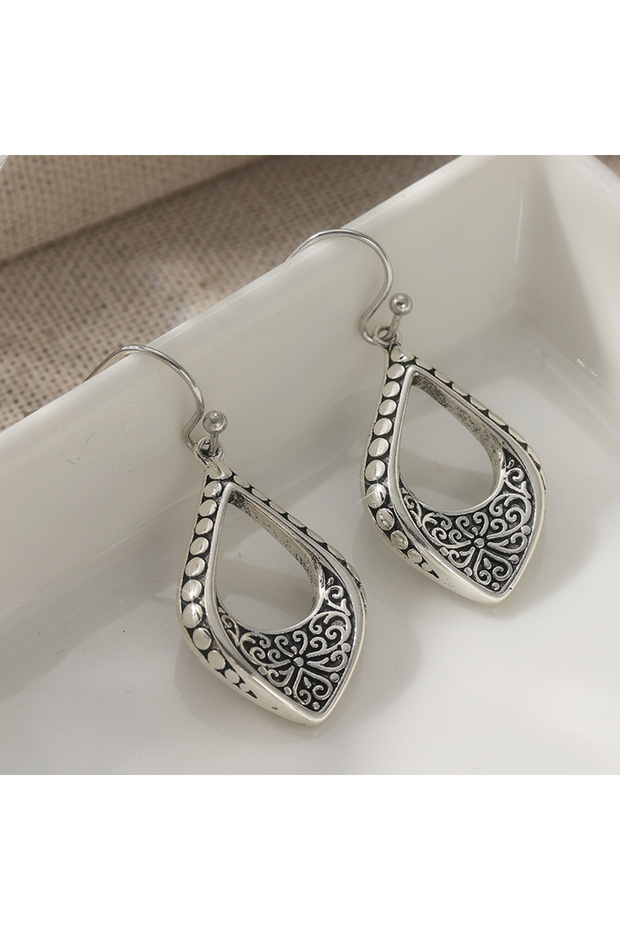 T1208-1 Vintage Bohemian Geometric Teardrop Dangle Earrings Copper Ethnic Aesthetic Silver Plated Ea