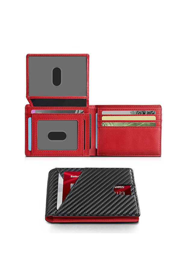 QB391-CarbonRed RFID Carbon Fiber Ultra-thin Trifold Wallet Simple Front Pocket Design Wallet Multi-