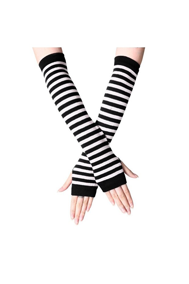 black white 1Pair Fingerless Gloves Gothic Punk Anime Women Girl Elbow Long Mittens Stretch Windproo