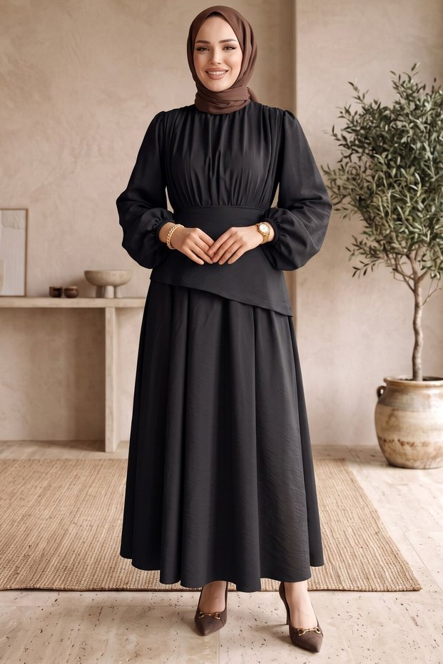 Drawstring Asymmetrical Layered Detailed Hijab Dress - Balloon Sleeve Cape Dress