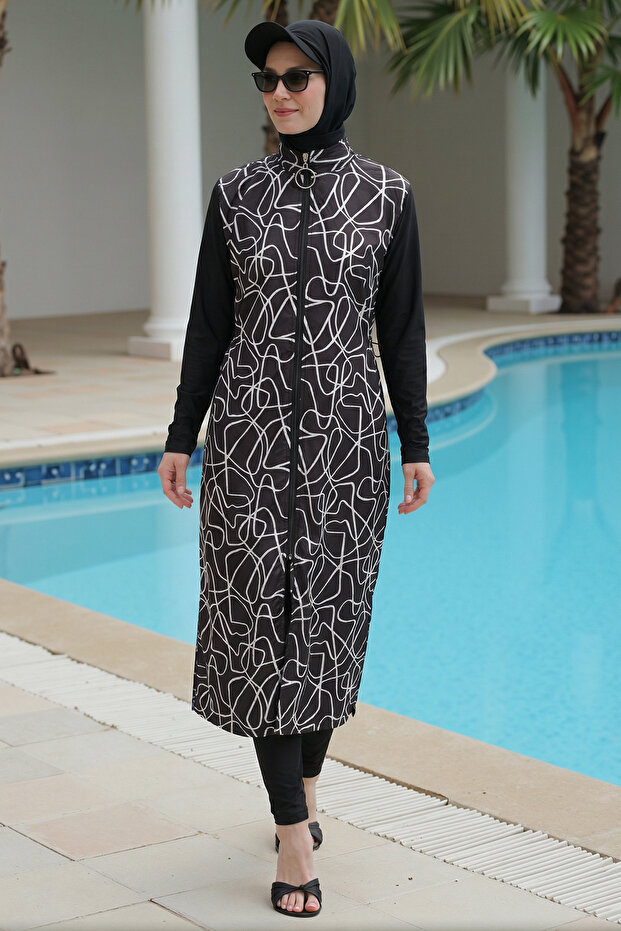 2-Piece Set (with Bonnet Gift) Lycra Sleeves, Front Zipper, Slit, Maxi Burkini, Hijab Swimsuit D26