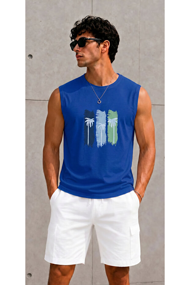 Men's Palm Tree Patterned Zero Sleeve Round Neck Cobalt Blue Sports T-Shirt / Tshirt