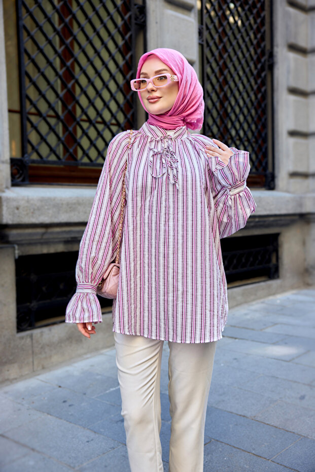 Women's Collar Tie Slim and Thick Striped Waist Tie Poplin Tunic Pink