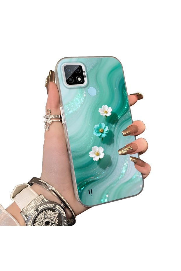 Realme C21 Compatible Silicone Edge Hard Back Case Couple Phone Case with Floral Pattern