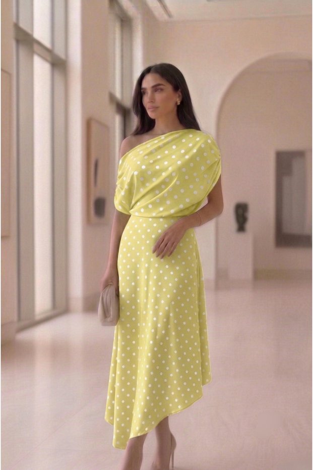Polka Dot One-Shoulder Draped Asymmetrical Cut Dress