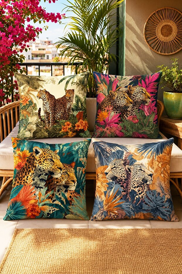 Leopard Couple Pattern in the Jungle 4-Piece Throw Pillow Cover Set