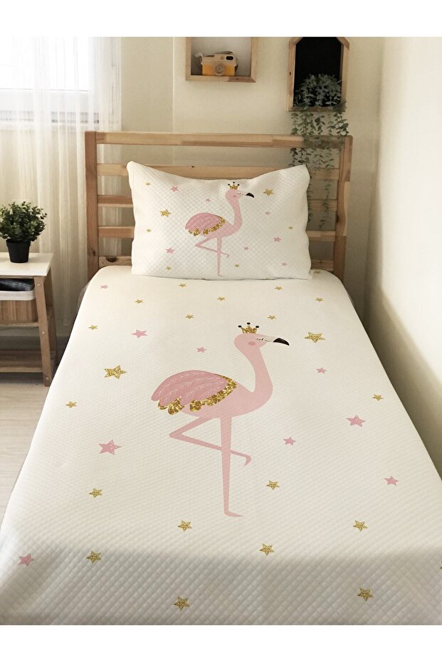 Flamingo Patterned Baby and Kids Printed Single Pique Set 160 X 220 cm White
