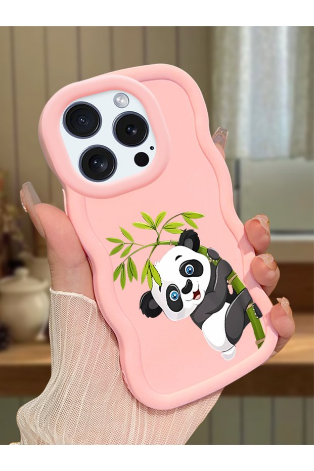 iPhone 14 Pro Compatible Case Camera Protector Pink Silicone Couple Phone Case Panda Pattern