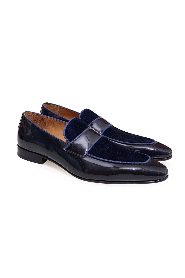 Dark Blue Color Laceless Genuine Leather Leather Sole Men's Shoes