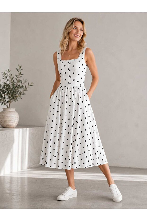New Season Modern Polka Dot Square Collar Gipeli Strap Midi Women's Dress