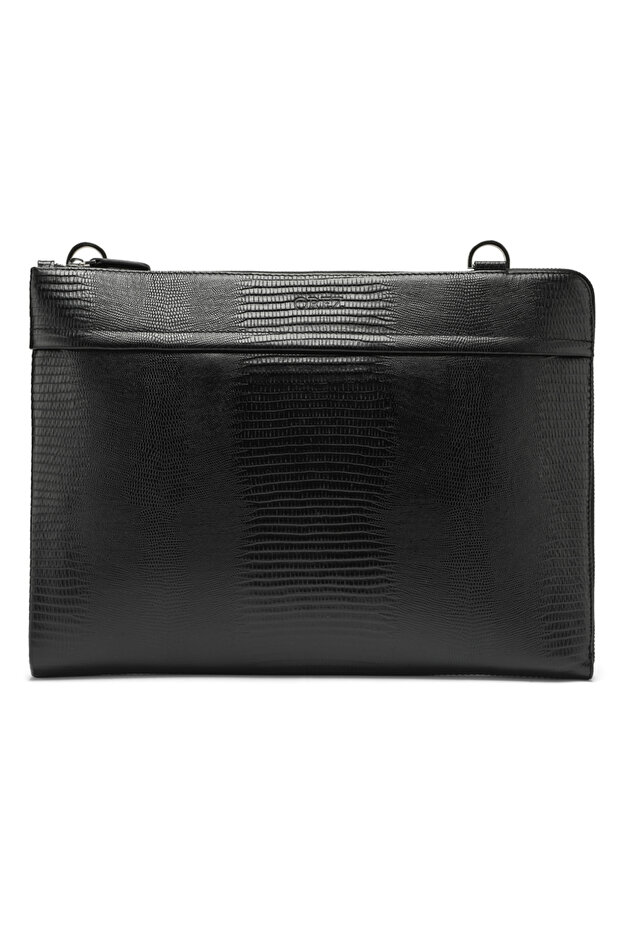 Madrid Unisex Genuine Leather Crocodile-Embossed Flat Shoulder Bag with Zip Closure and Detachable Strap Rings – Black / Green