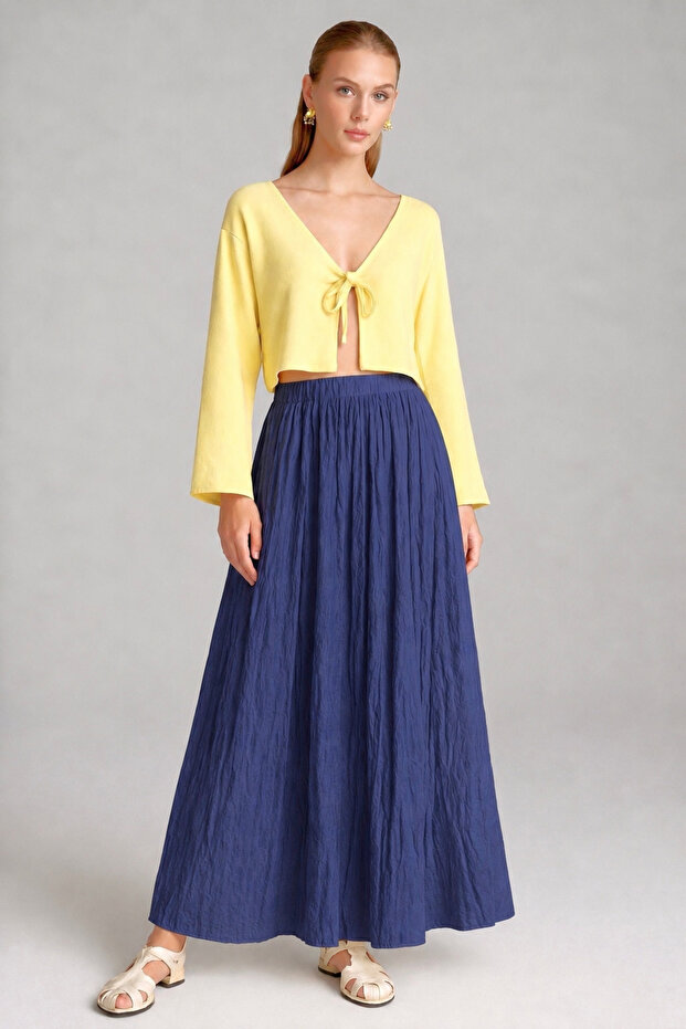 Navy Blue-Indigo Voile Fabric Crinkled Long Lined Crush Skirt