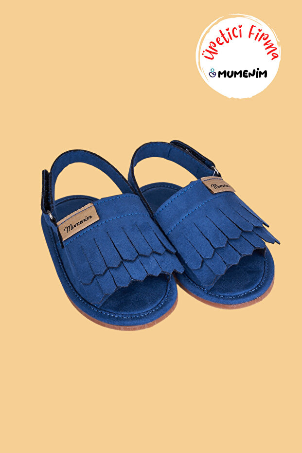 Willi Navy Blue Suede Barefoot Non-Slip Sole Velcro Easy to Wear First Step Children's Tasseled Sandals