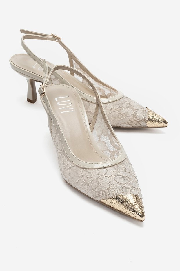 Clem Ecru Lace Detailed Gold Toe Women's Heeled Shoes