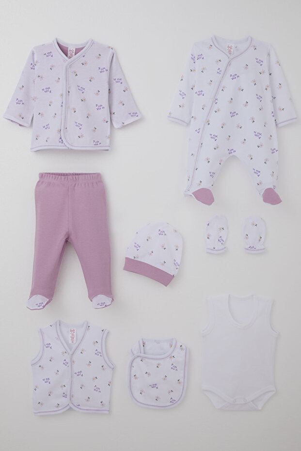 Baby Girl Hospital Release Set, 8 Pieces, Floral & Text Patterned, 0-3 Months, White