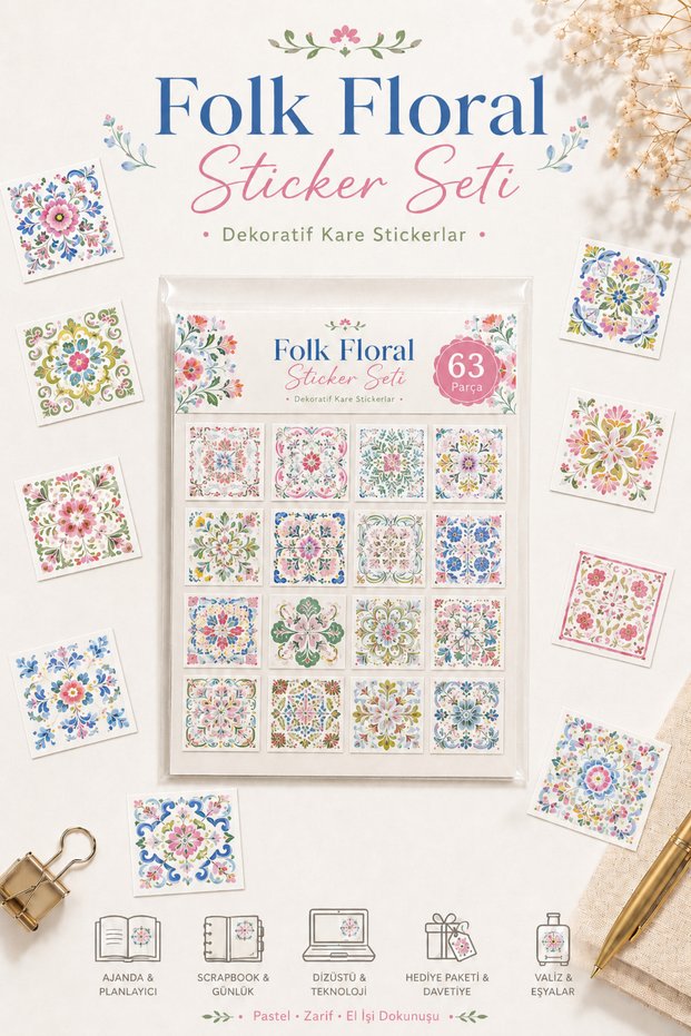 63 Pieces Square Flower Tile Sticker Set Floral Tiles Scrapbook Bullet Journal Agenda Laptop