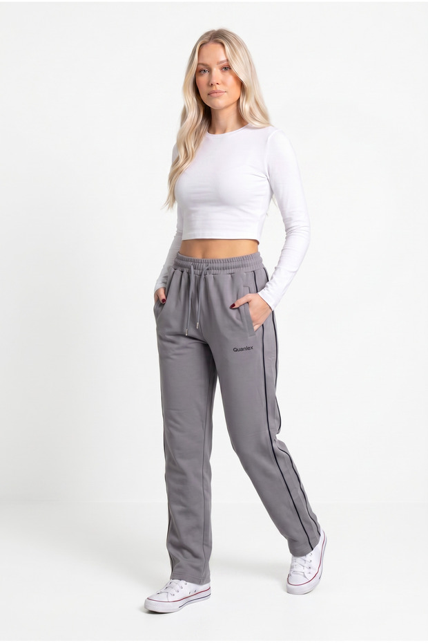 Women's Gray Color Sweatpants with Double Piping on the Sides, Comfortable Fit, and Zipper Pocket Detail
