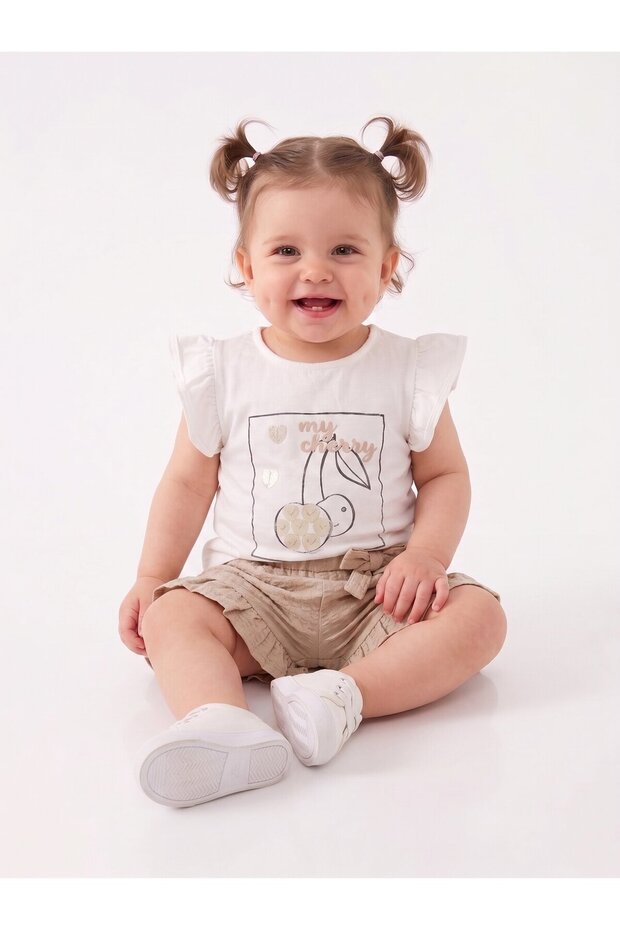 Cotton Cherry Patterned 2-Piece Girls' Set with Ruffle Detail