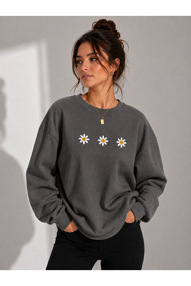 Women's 3-Piece Daisy Printed Crew Neck Sweatshirt