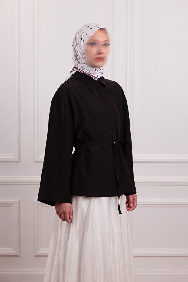 Girdle Detailed Striped Tencel Shirt Black