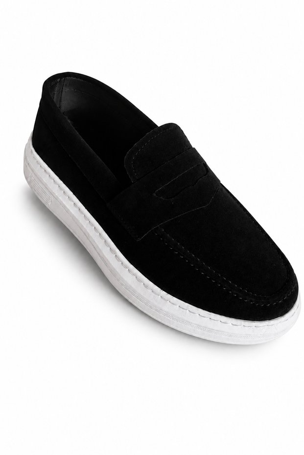 Men's Black Suede Loafer Shoes White Sole Daily Casual Classic Slip on Moccasin Sneaker