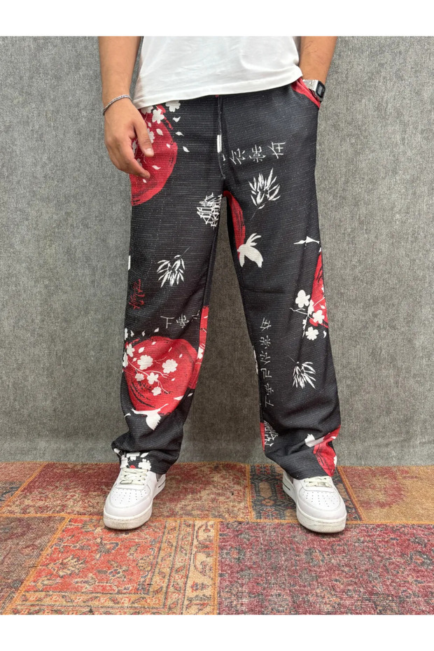 Straight Leg Patterned Trousers with Elastic Waist
