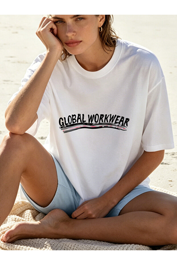 قمصان نسائية بطباعة شعار Global Workwear، تصميم فضفاض غير رسمي، قمصان أساسية للصيف