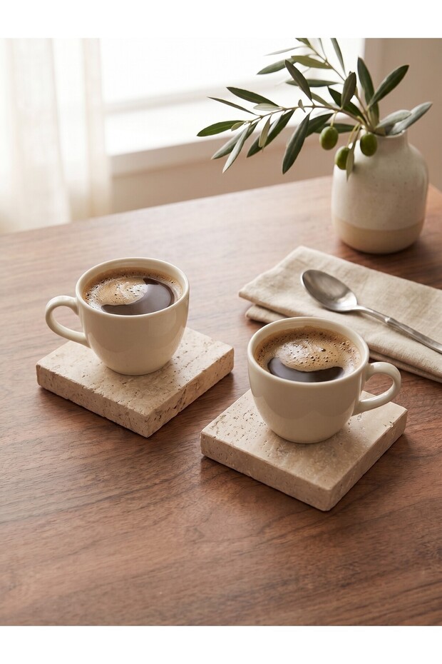 Natural Travertine Thick Marble Square Coasters and Serving Trays (10X10 cm) - Set of 2 - Non-Scratch Base Coasters