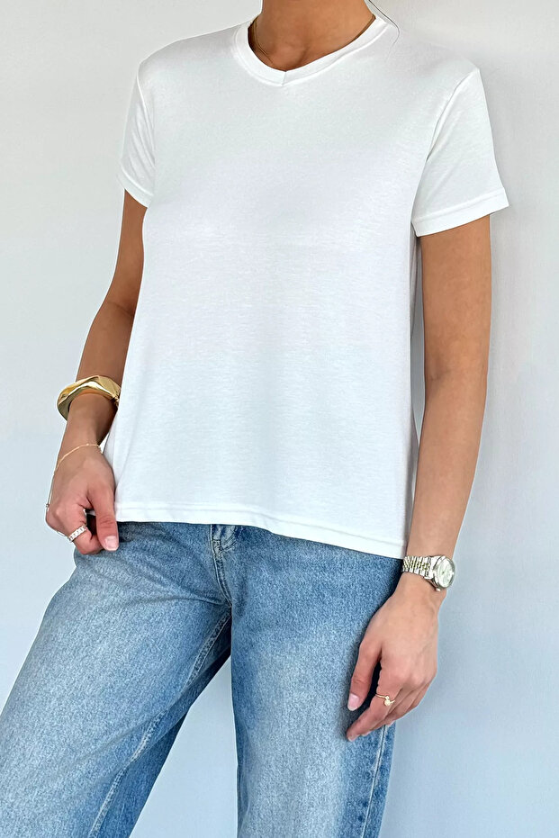 White Women's V-Neck Basic T-Shirt