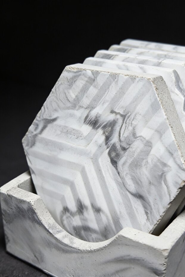 Handmade Concrete Hexagonal Coasters with Marble Pattern Decorative Drink Coasters Set of 4