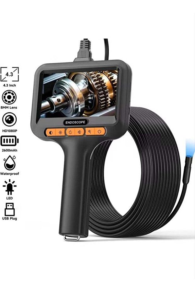 Industrial HD 1080P Endoscope Borescope Inspection Camera with 4.3” IPS Screen – 8mm IP68 Waterproof Snake Camera | 8 Adjustable LED Lights, Rigid Probe Cable 2M–100M | Rechargeable